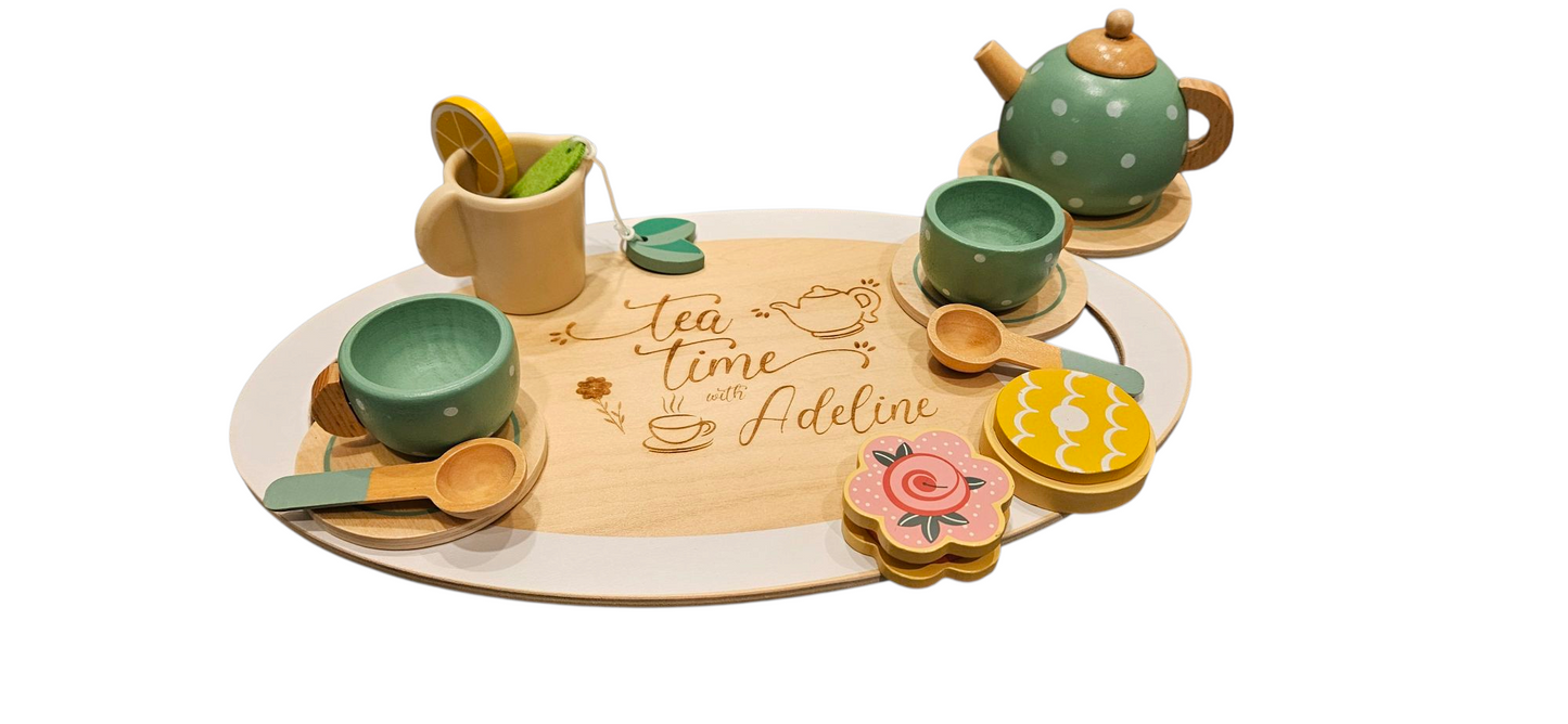Personalized Wooden Tea Set – Engraved 15-Piece Pretend Play Set for Kids